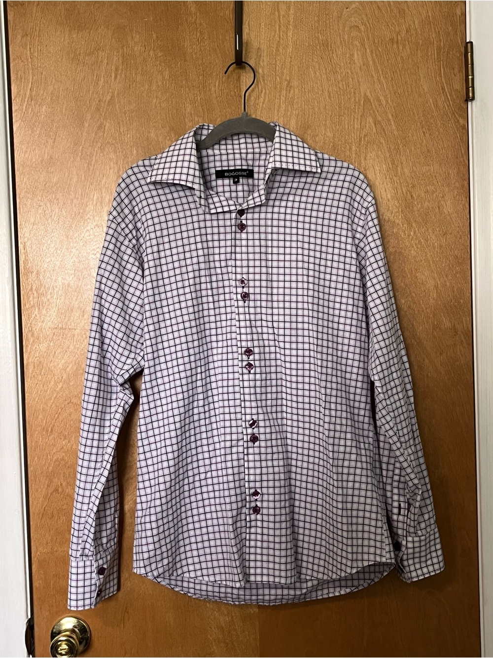 Bogosse Men's Size 3 White & Purple Button-Down Windowpane Dress Shirt